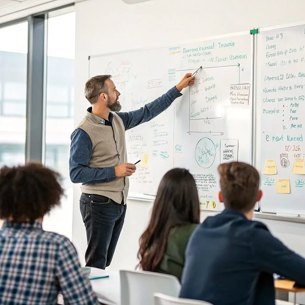 Expert teacher explaining on a whiteboard