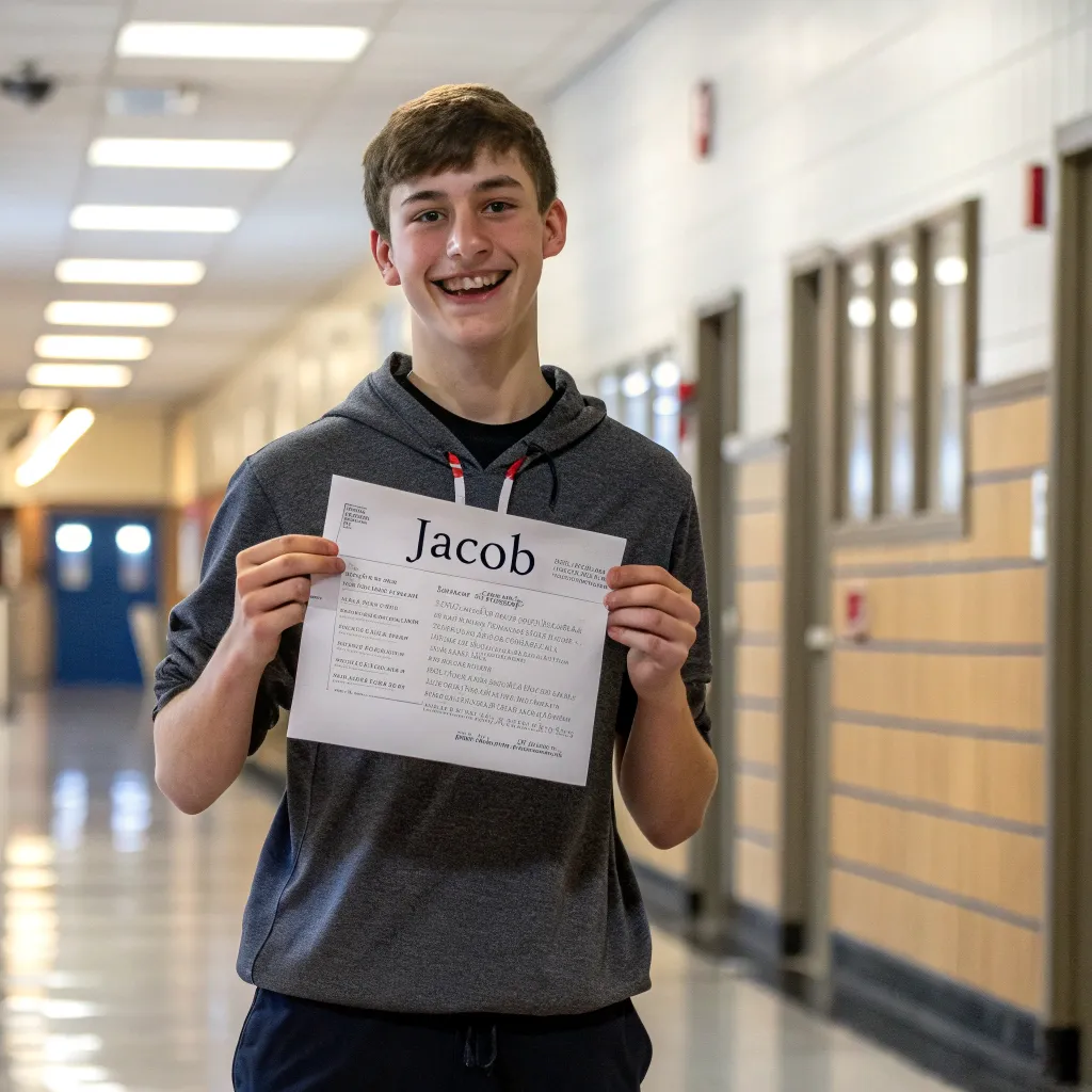 Jacob holding his results with a proud smile